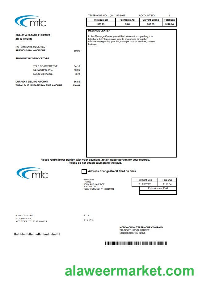USA Illinois MTC utility bill template in Word and PDF format